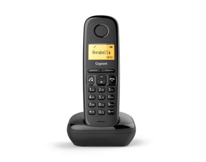 Gigaset A270 Duo Black wireless phone with large display and keypad on dock for home communication.
