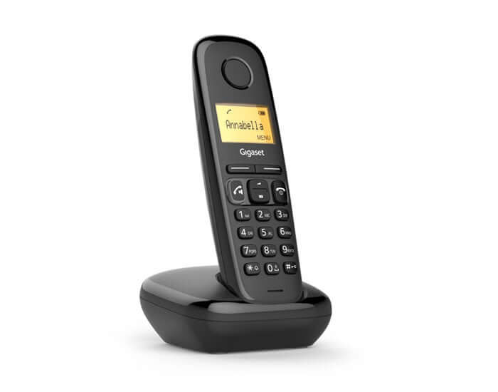 Gigaset A270 Duo Black cordless phone with large display and base station, ideal for home communication.