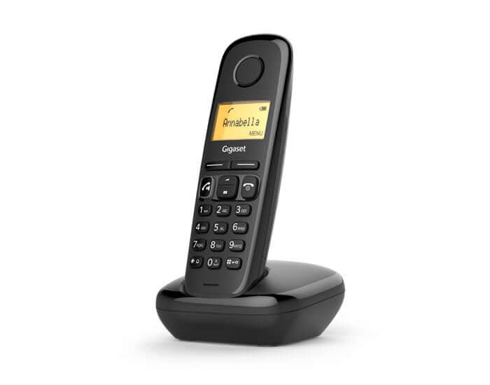 Gigaset A270 Duo Black wireless phone on charging station with illuminated display and keypad.