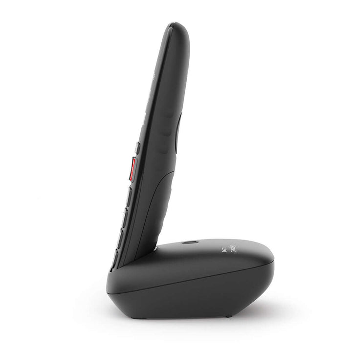 Gigaset E290 Duo phone shown in side profile, highlighting large buttons and ergonomic design for ease of use.
