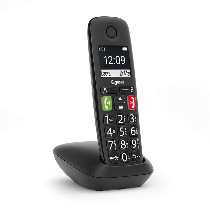 Gigaset E290 Duo phone with large buttons and high-contrast display for easy readability.