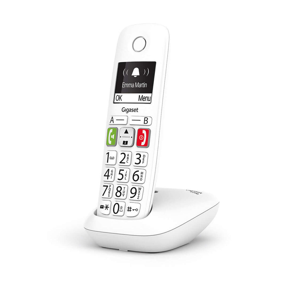 Gigaset E290 Duo white cordless phone with large buttons and high-contrast display for easy use.