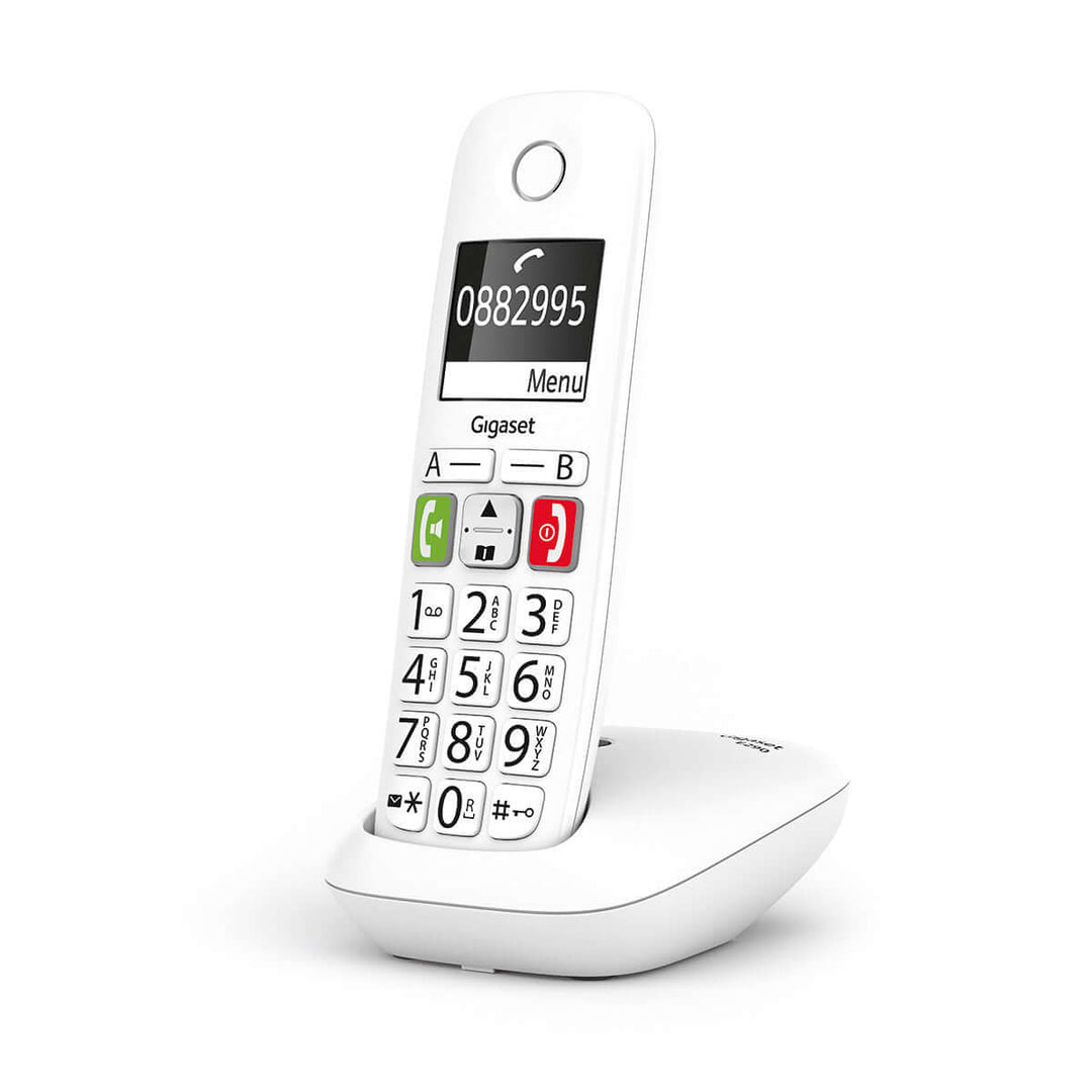 Gigaset E290 Duo white cordless phone with large buttons and high-contrast display for easy dialing.
