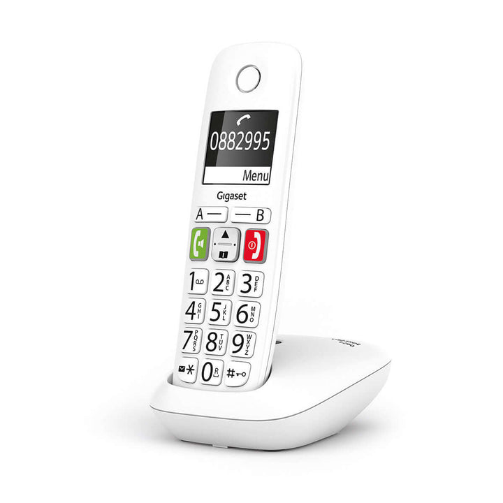 Gigaset E290 Duo white cordless phone with large buttons and high-contrast display for easy dialing.