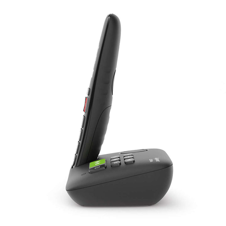 Gigaset E290A Duo cordless phone side view, featuring large buttons and a sleek design for easy use.