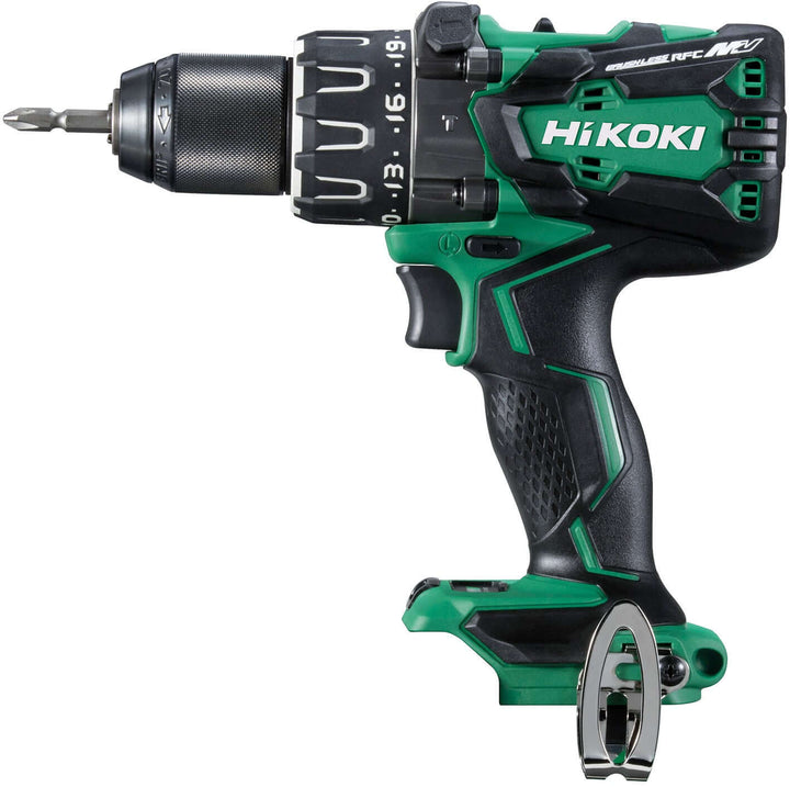 HiKOKI DV36DA W2Z cordless drill with green and black design, showcasing MultiVolt power and adjustable settings for precision work.